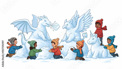 Children building snow sculptures of mythical creatures like a dragon, griffin, and unicorn in a snowy winter scene.