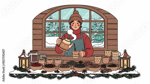 A person in winter attire pouring a hot drink from a teapot into a mug at a cozy stall with various ingredients and mugs, set against a snowy landscape.