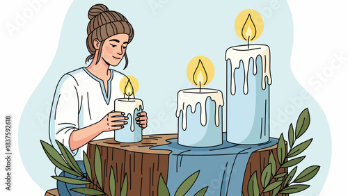 A young woman holding a lit candle, surrounded by other candles and green branches, creating a peaceful and serene atmosphere.