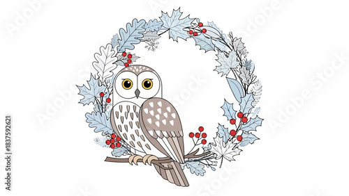 Cute owl perched on a branch surrounded by a winter wreath of frosty leaves and red berries, illustration.