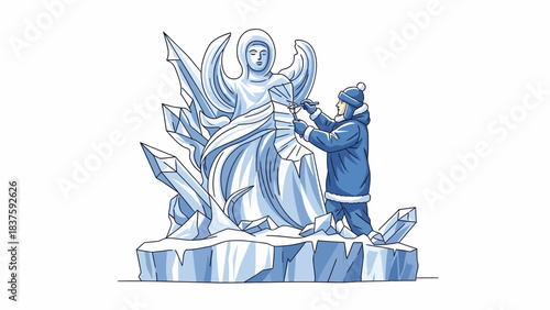 A person meticulously carving a large, intricate ice sculpture of an angelic figure surrounded by ice crystals.