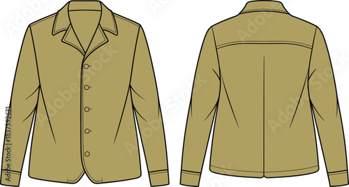 Unisex Casual Shacket or Light Jacket Technical Fashion Flat Sketch Template, Featuring Notch Lapel Collar, Button Closure, and Straight Hem, Front and Back View Outline Drawing.