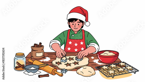 Person in Santa hat and apron baking star-shaped Christmas cookies on a wooden table with ingredients and tools.