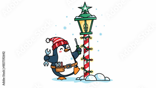 A cute cartoon penguin wearing a winter hat and tool belt decorates a lamppost with Christmas lights in the snow.