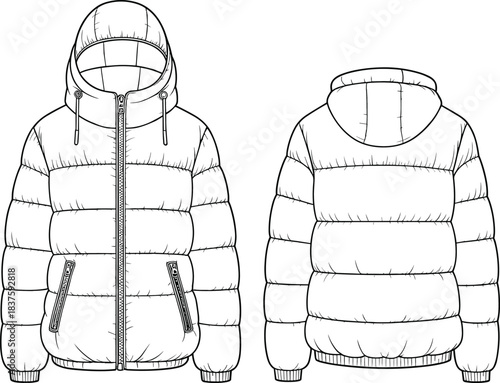 Unisex Hooded Puffer Jacket Technical Fashion Drawing Vector Illustration Featuring Quilted Body, Full Zip Closure, Welt Pockets with Zippers, Front and Back View, Apparel Mockup.