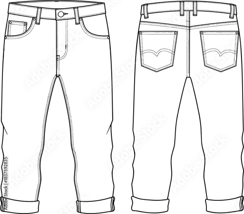 Unisex Cropped Denim Jeans Technical Fashion Flat Sketch Template, Featuring Classic Five Pockets, Waistband with Belt Loops, Fly Zipper, and Permanent Cuffed Hem Detail, Front and Back View Outline