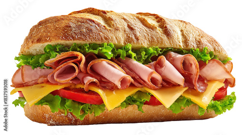 Ham and cheese salad submarine sandwich from freshly cut baguette