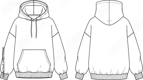 Unisex Oversized Hoodie Technical Fashion Drawing Vector Illustration Featuring Drawstring Hood, Kangaroo Pocket, Dropped Shoulders, Ribbed Trims, Front and Back View, Apparel Mockup.