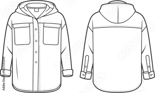 Unisex Oversized Hooded Shacket Technical Fashion Flat Sketch Template, Featuring Button-Down Front Closure, Chest Flap Pockets, Dropped Shoulders and Cuffed Sleeves, Front and Back