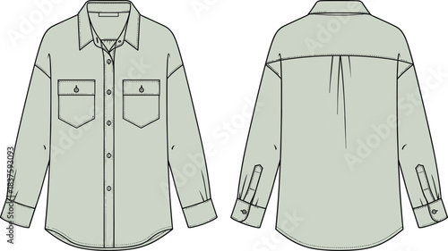 Unisex Oversized Long Sleeve Utility Shirt Technical Fashion Flat Sketch Template, Featuring Classic Collar, Flap Chest Pockets, and Dropped Shoulders, Front and Back View Outline Drawing.