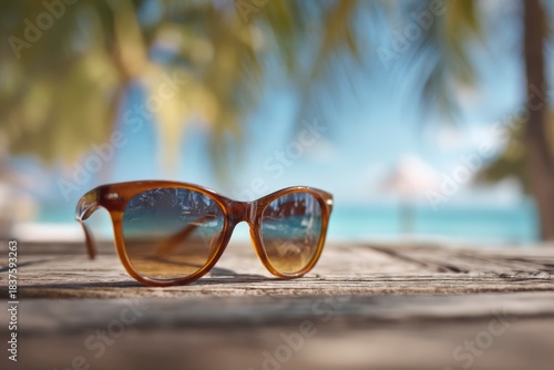 Wallpaper Mural Sunglasses in the foreground with a soft-focus background showing a bright vacation setting.  Torontodigital.ca