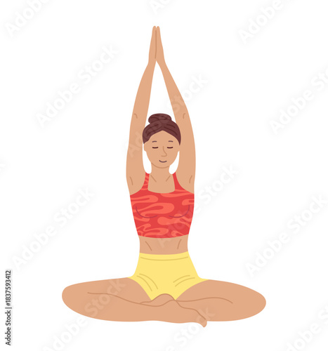 Woman do yoga exercises cartoon vector illustration. Young girl in bright clothes sitting in the lotus position. Fitness workout, stretching meditation, yoga class training. Healthy wellness lifestyle