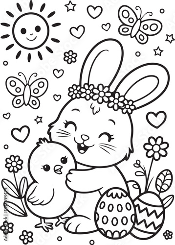 Smiling rabbit with flower crown hugs cute chick surrounded by easter eggs and hearts