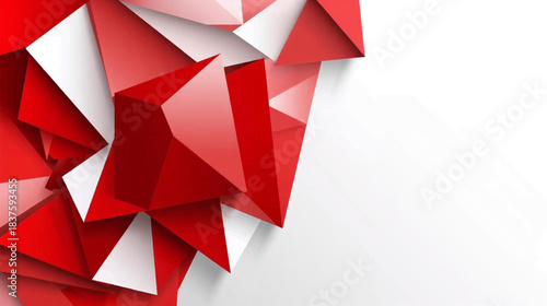 Red and white abstract geometric background with faceted polygons and triangles creating a modern design.