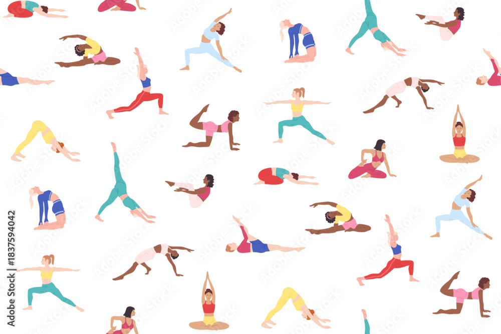 Naklejka premium Women do yoga Pilates exercises seamless pattern. Ethnically diverse girls in bright clothes doing fitness stretching meditation, sport training. Healthy wellness lifestyle vector boundless background