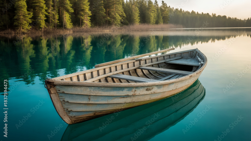 Obraz premium Barque en Bois au Bord d’un Lac Calme 