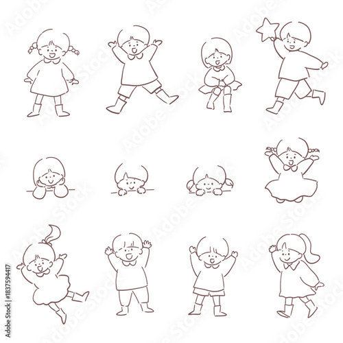 手書き風線画　飛んだり走ったりしている子ども達