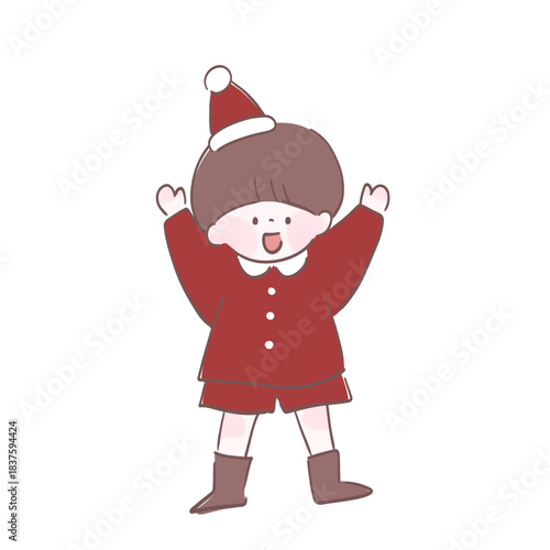 クリスマスを楽しみにしている子ども　手書き風イラスト　両手を挙げている幼い男の子