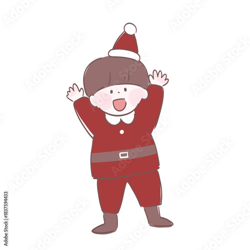 クリスマスを楽しみにしている子ども　手書き風イラスト　両手を挙げているサンタ衣装の男の子