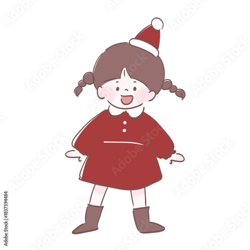 クリスマスを楽しみにしている子ども　手書き風イラスト　三つ編みの女の子