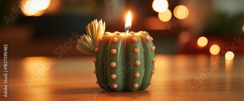 A small cactus-shaped scented candle with a fresh aroma