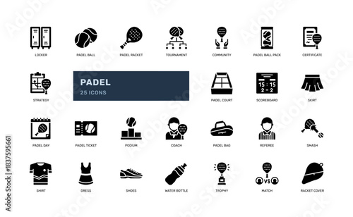 Padel glyph icon set for tournament and sport concept