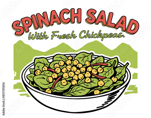 Spinach Salad Chickpea Bowl.Retro Food Label Design.Vegan Healthy Sticker Art.Vintage Salad Illustration.Fresh Greens Menu Graphic