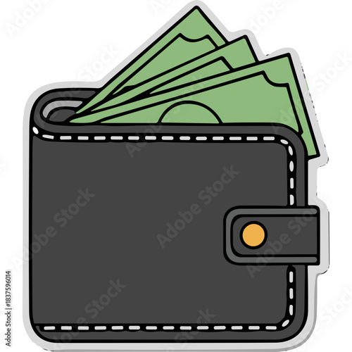 Open black leather wallet overflowing with green paper currency against a plain white background emphasizing financial wealth and monetary transactions