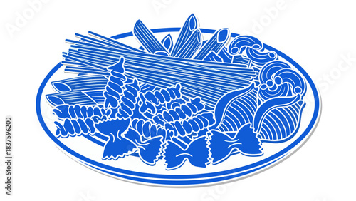 Assortment of Blue and White Italian Pasta Shapes on a White Plate Isolated on Black Background