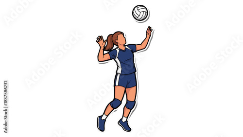 Athletic Woman in Blue Uniform Performing Volleyball Serve with Intense Focus against Black Background with White Outline and Shadow Effect