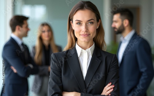 Serious confident young professional posing with arms crossed. Her male and female colleagues standing and talking in background. Business portrait concept. High quality