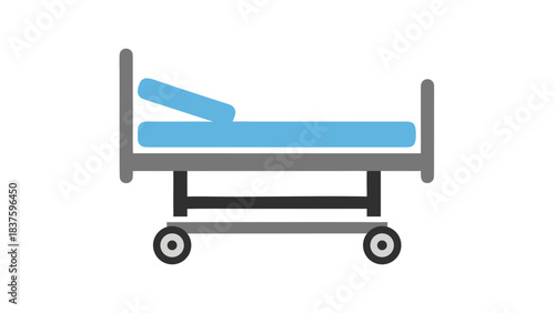 Adjustable Hospital Bed on Wheels with Light Blue Mattress and Gray Metal Frame Isolated on Black Background Simple Medical Equipment Graphic Element