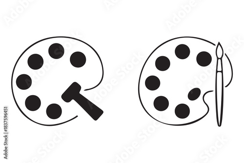 Two simple line art drawing of artist paint palettes with paint blobs and a paintbrush isolated on white background
