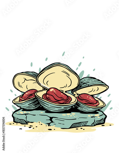 Fresh Clams on Rock Vector Art.Retro Seafood Illustration.Open Shellfish Beach Design.Vintage Clam Mascot Graphic.Delicious Ocean Mollusks