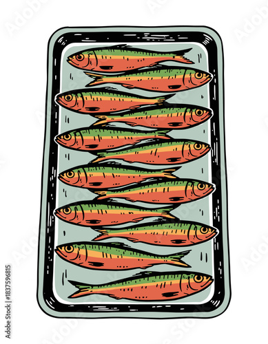 Packed Sardines Illustration.Retro Fish Tin Graphic.Hand-drawn Canned Seafood.Vintage Fish Label Design.Full Tin of Sardines Art