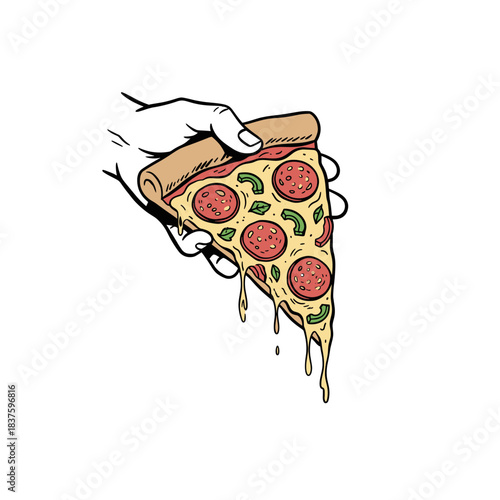 Hand Holding Pepperoni Pizza.Dripping Cheese Slice Vector.Fast Food Cartoon Drawing.Italian Meal Snack Doodle.Melting Pizza Hand Grab