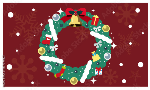 クリスマスリースのイラスト素材。飾り付けられたクリスマスリースと赤い背景と雪の結晶