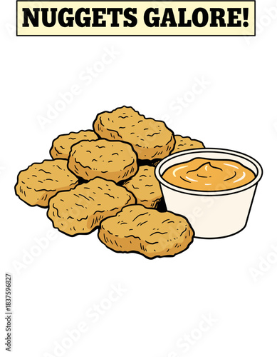 Fried Chicken Nuggets and Dip.Retro Fast Food Nuggets Graphic.Delicious Junk Food Illustration.Chicken Snack Meal Cartoon.Nuggets Galore Poster Design