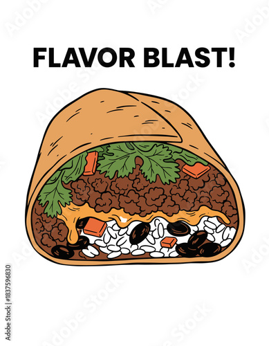 Flavor Blast Burrito Art.Cartoon Mexican Food Wrap.Delicious Fast Food Graphic.Full Loaded Burrito Design.Street Food Vector Print