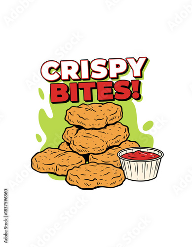 Crispy Chicken Nuggets Design.Retro Fast Food Bites.Fried Snack Vector Art.Nugget and Ketchup Illustration.Delicious Junk Food Print