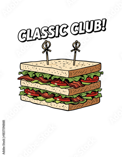 Classic Deli Club Sandwich Art.Comic Style Triple Decker.Retro Club Sandwich Vector.Delicious Diner Food Graphic.Hand Drawn BLT Illustration