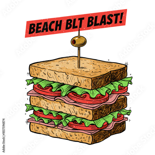 Retro BLT Club Sandwich.Hand Drawn Deli Sub.Layered Lunch Graphic.Vintage Food Illustration.Classic Sandwich Art