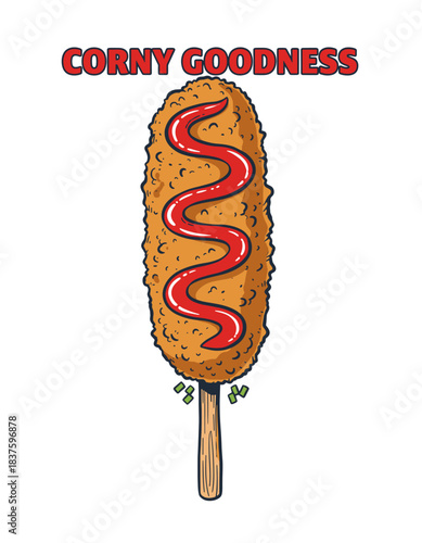 Corny Goodness Corn Dog.Retro Fast Food Vector.Vintage Corn Dog Graphic.Deep Fried Snack Art.Hot Dog on a Stick Print