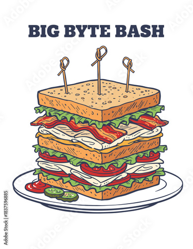 Huge Layered Sandwich Art.Retro Deli Food Graphic.Big Byte Bash Illustration.Classic Club Sandwich Design.Hand Drawn Lunch Vector