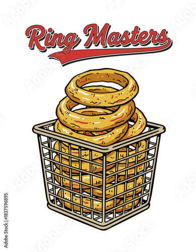 Onion Rings Basket Retro Logo.Ring Masters Fast Food Art.Fried Snack T-Shirt Design.Diner Style Onion Rings Badge.Cartoon Fried Rings Vector