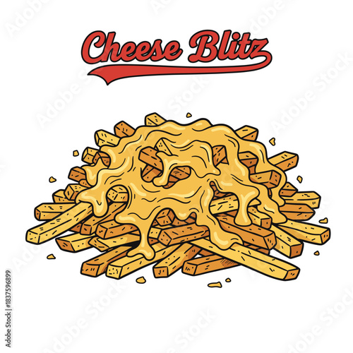 Cheese Blitz Retro Graphic.Loaded Cheesy Fries Vector.Fast Food Potato Snack.Vintage Street Food Design.Hand-drawn Chips Mascot