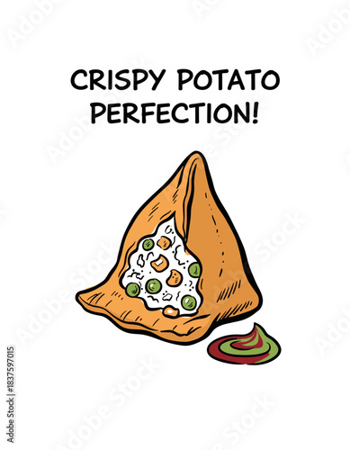 Cartoon Samosa Illustration.Crispy Potato Perfection Graphic.Indian Street Food Vector Art.Hand Drawn Fried Snack.Samosa Dumpling and Chutney
