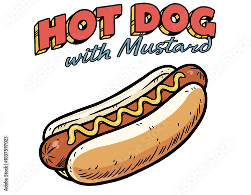 Classic Hot Dog Illustration.Retro Street Food Graphic.Sausage with Mustard Vector.Comic Style Fast Food Art.Vintage Hot Dog Emblem
