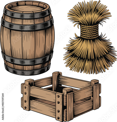 Wooden barrel straw bale and wooden crate illustration