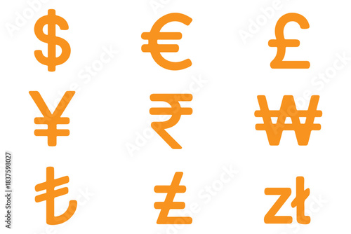Currency symbols icons set. Vector illustration of coins with international currency symbols. Dollar, Euro, Pound, Rupee, Franc, Ruble, Yen, Won, Lira, Riyal, New shekel, Baht, Colon, Peso